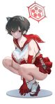 1girl absurdres animal_ears arms_between_legs bare_legs bare_shoulders black_hair blue_archive breasts closed_mouth commentary_request elbow_gloves faux_figurine full_body gloves grey_eyes halo highres korean_commentary large_breasts looking_at_viewer raccoon_ears red_gloves red_halo red_sailor_collar red_skirt sailor_collar short_hair sideboob simple_background single_breast_curtain skirt solo squatting tsubaki_(blue_archive) white_background yoco0917 