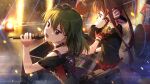  2girls audience black_collar brown_hair card_commentary collar commentary_request concert dj drum drum_set earrings electric_guitar game_asset green_hair guitar headphones holding holding_microphone idolmaster idolmaster_million_live! idolmaster_million_live!_theater_days instrument jewelry long_hair matsuda_arisa microphone mixing_console multiple_girls nagayoshi_subaru official_alternate_costume official_art open_mouth red_eyes short_hair short_sleeves standing stud_earrings third-party_source twintails 