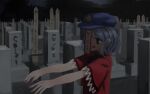  1girl black_eyes blue_hair blue_hat bow bowtie graveyard hat hat_ornament highres jiangshi miyako_yoshika nail_polish newsboy_cap ofuda ofuda_on_head open_mouth outstretched_arms red_nails red_shirt shirt short_hair smile solo standing star_(symbol) star_hat_ornament suna_(s73d) touhou upper_body wide_sleeves zombie_pose 