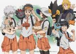  1girl 4boys backpack bag black_bag black_hair black_sweater black_thighhighs blonde_hair blue_eyes blunt_bangs brown_hair clenched_hands collared_shirt creature domino_mask eevee eye_mask facepaint goggles goggles_on_head grey_hair grey_jacket grin hair_between_eyes hat hatake_kakashi holding holding_creature jacket lanyard luxray mask might_guy mouth_mask multiple_boys namikaze_minato naruto_(series) necktie nohara_rin open_mouth orange_necktie orange_shorts parted_lips pokemon_(creature) red_eyes ribbed_sweater riolu rockruff shirt short_hair shorts smile sparkle sun_hat surgical_mask sweater teeth thick_eyebrows thighhighs uchiha_obito white_shirt x_xayaka zorua 