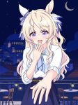  1girl absurdres animal_ears blonde_hair blue_eyes blush casual hair_between_eyes hair_ornament highres horse_ears horse_girl horse_tail jewelry looking_at_viewer marriage_proposal moon night pov ring sky solo sweetbubble tail tears trainer_(umamusume) umamusume victoire_pisa_(umamusume) 