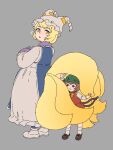  2girls :3 an-chan_(ananna0315) animal_ears blonde_hair blue_tabard blush bow bowtie brown_hair brown_shoes cat_ears cat_girl cat_tail chen child commentary_request dress fox_tail full_body green_hat grey_background hands_in_opposite_sleeves hat hat_with_ears highres kitsune multiple_girls multiple_tails notice_lines one-hour_drawing_challenge open_mouth playing_with_another's_tail red_eyes red_skirt red_vest shirt shoes short_hair skirt socks tabard tail touhou vest white_dress white_shirt yakumo_ran yellow_bow yellow_bowtie yellow_eyes 