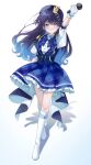  1girl absurdres beret black_hat black_vest blue_bow blue_eyes blue_hair blue_skirt boots bow bowtie collared_shirt commentary_request crown diamond_(shape) earrings epaulettes frilled_skirt frills full_body gloves gradient_hair hat highres holding holding_microphone idol_clothes indie_virtual_youtuber jewelry knee_boots long_hair microphone mini_crown multicolored_hair nanami_urara_(vtuber) plaid_clothes plaid_skirt puffy_short_sleeves puffy_sleeves shirt short_sleeves simple_background skirt smirk solo vest virtual_youtuber white_background white_boots white_gloves white_shirt yuuyu_(moco20111115) 