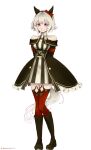  1girl animal_ears arms_behind_back bare_shoulders black_boots black_hairband blush boots bow breasts closed_mouth coat commentary_request curren_chan_(fille_eclair)_(umamusume) curren_chan_(umamusume) dress ear_bow ear_covers full_body gloves grey_hair hairband horse_ears horse_girl horse_tail long_sleeves looking_at_viewer medium_breasts off-shoulder_coat off-shoulder_dress off-shoulder_jacket off_shoulder purple_eyes red_bow red_thighhighs short_hair simple_background smile solo striped_clothes striped_dress tail thighhighs umamauma313 umamusume vertical-striped_clothes vertical-striped_dress white_background white_gloves 