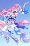  1girl absurdres aemeath_(wuthering_waves) armpits bare_shoulders blue_background breasts commentary_request elbow_gloves full_body gloves gradient_background highres holding holding_microphone hundun_hdun leotard long_hair medium_breasts microphone orange_eyes parted_lips pink_hair ponytail showgirl_skirt skirt solo white_gloves white_leotard white_skirt wuthering_waves 