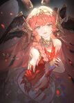  1girl :d absurdres bare_shoulders black_wings blue_eyes chinese_commentary colored_extremities commentary_request commission dress falling_petals gold_choker grey_background hair_ornament hand_on_own_chest hands_up head_wings highres jintianeroujuan long_hair nautika_(reverse:1999) official_alternate_costume open_mouth petals pink_hair red_dress red_hands reverse:1999 sample_watermark smile solo strapless strapless_dress watermark white_wings wings 