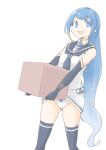  1girl accidental_exposure akara_kai black_neckerchief black_sailor_collar blue_eyes blue_hair blush box clothes_lift elbow_gloves gloves gradient_hair highres kantai_collection lifting_own_clothes long_hair looking_at_viewer multicolored_hair neckerchief open_mouth panties sailor_collar samidare_(kancolle) school_uniform serafuku shirt skirt skirt_lift sleeveless sleeveless_shirt smile solo swept_bangs thighhighs underwear very_long_hair white_panties white_serafuku white_skirt 