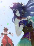  2girls absurdres animal_ears asymmetrical_clothes asymmetrical_jacket bare_shoulders black_corset blue_hair blue_sky braid braided_hair_rings breasts brown_hair closed_mouth commentary_request confetti corset detached_sleeves dress ear_covers ear_ornament frown gentildonna_(regina_dei_fiori)_(umamusume) gentildonna_(umamusume) gloves hair_between_eyes hair_ornament hair_rings heart-shaped_ornament heart_ear_ornament highres horse_ears horse_girl horse_tail long_hair medium_breasts multiple_girls no_uwazumi outdoors purple_eyes red_corset single_bare_shoulder single_ear_cover skirt sky sweat tail umamusume verxina_(le_beau_sommet)_(umamusume) verxina_(umamusume) white_gloves 