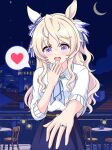  1girl absurdres animal_ears blonde_hair blue_eyes blush casual hair_between_eyes hair_ornament heart highres horse_ears horse_girl horse_tail jewelry looking_at_viewer marriage_proposal moon night pov ring sky solo spoken_heart sweetbubble tail tears trainer_(umamusume) umamusume victoire_pisa_(umamusume) 