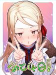  1girl blonde_hair blue_gem blush brooch character_request commentary_request double_v finger_counting gem gradient_background hair_ribbon highres hyakuman-kai_wa_shinda_zako jewelry long_hair long_sleeves looking_at_viewer official_art open_mouth portrait puffy_sleeves red_ribbon ribbon shirt solo sweat translation_request v white_shirt yellow_eyes yononaka 
