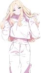  1girl absurdres blonde_hair blush commentary_request cropped_hoodie forehead gakuen_idolmaster head_tilt highres hood hoodie idolmaster juo_sena kasasagi_(futagodori888) long_hair long_sleeves looking_at_viewer midriff multicolored_hair navel pants partial_commentary pink_streaks simple_background sketch smile solo stomach streaked_hair very_long_hair white_background white_hoodie white_pants 