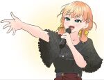  1girl 1st_live_tour_~run!_can!_fun!~ aqua_eyes black_shirt brown_skirt collarbone commentary_request hasu_no_sora_school_uniform highres hinoshita_kaho holding holding_microphone llkapital looking_ahead love_live! love_live!_hasu_no_sora_jogakuin_school_idol_club low_twintails medium_hair microphone orange_hair school_uniform shirt short_sleeves singing skirt solo twintails upper_body virtual_youtuber winter_uniform 