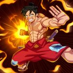  1boy abs black_hair clenched_hand clenched_teeth cross_scar fighting_stance fire foot_out_of_frame hat hat_on_back incoming_attack incoming_punch japanese_clothes katana kimono looking_at_viewer male_focus monkey_d._luffy muscular muscular_male official_alternate_costume one_piece open_hand pe_draws pectorals punching red_kimono sandals scar scar_on_cheek scar_on_chest scar_on_face sheath sheathed short_hair spanish_commentary straw_hat sword teeth topless_male weapon 