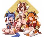  3girls :d ;d animal_ears barefoot blue_eyes blue_hair blue_nails brown_hair bun_cover commentary_request crop_top detached_sleeves double_bun feet full_body hair_bun heterochromia highres holding holding_sword holding_weapon horse_ears horse_girl horse_tail maebari mayano_top_gun_(umamusume) multicolored_hair multiple_girls nail_polish navel ofuda ofuda_on_pussy one_eye_closed orange_eyes orange_hair panties purple_eyes red_shoes shoes sitting smile streaked_hair sword tail thighhighs toenail_polish toenails toes tokai_teio_(umamusume) twin_turbo_(umamusume) umamusume underwear v-shaped_eyebrows weapon white_thighhighs yellow_panties yingjian 