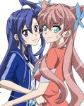  2girls aqua_eyes blue_hair blunt_ends breasts butterfly_hair_ornament closed_mouth commentary_request crossed_bangs curtained_hair double-parted_bangs from_side hair_between_eyes hair_ears hair_ornament high_side_ponytail highres hug kazanari_tsubasa large_breasts long_hair long_sidelocks looking_at_viewer maria_cadenzavna_eve multiple_girls parted_bangs pink_hair purple_eyes senki_zesshou_symphogear short_sleeves side_ponytail sidelocks simple_background small_breasts smile tomosoraaki upper_body v-shaped_eyebrows very_long_hair wavy_sidelocks white_background 