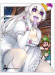  1boy 1girl artist_name bad_id bad_twitter_id between_legs blue_eyes blush book bookshelf border breasts brown_hair cleavage collar collar_jewel colored_sclera colored_tongue crown dress facial_hair feet_out_of_frame flashlight frilled_collar frilled_dress frills genderswap genderswap_(mtf) gloves green_hat green_shirt hair_between_eyes hand_on_own_cheek hand_on_own_face hat heart heart-shaped_pupils holding holding_flashlight indoors kneeling lamp large_breasts large_nose long_hair long_sleeves long_tongue luigi luigi's_mansion mario_(series) mustache omar_dogan open_mouth princess_king_boo puffy_short_sleeves puffy_sleeves purple_eyes purple_sclera purple_tongue scan sharp_teeth shirt short_sleeves sidelocks signature solo_focus super_crown suspenders symbol-shaped_pupils teeth thighs tongue tongue_out traditional_media uvula very_long_hair white_border white_collar white_dress white_gloves white_hair 