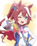  1girl animal_ears ascot blue_eyes blush breasts brown_hair buttons cape commentary_request double-breasted epaulettes gloves hair_between_eyes highres horse_ears horse_girl jacket long_hair long_sleeves looking_at_viewer multicolored_hair multicolored_jacket one_eye_closed open_mouth pink_ascot pointing pointing_at_viewer ponytail red_cape single_epaulette single_hair_streak small_breasts smile solo streaked_hair teeth tokai_teio_(peak_joy)_(umamusume) tokai_teio_(umamusume) two-tone_hair two-tone_jacket umamusume upper_body upper_teeth_only white_gloves white_hair white_jacket yosuzu 
