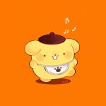  :3 :d animal animal_focus beret bib blush_stickers brown_hat commentary dog full_body hat musical_note no_humans open_mouth orange_background pompompurin sanrio signature simple_background smile solid_circle_eyes solo standing standing_on_one_leg tenmiyakiyo white_mouth 