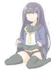 1girl akara_kai armband black_hair black_panties black_sailor_collar black_skirt black_thighhighs blue_jacket blush bow bow_panties crescent crescent_hair_ornament crescent_pin hair_ornament highres jacket kantai_collection long_hair long_sleeves looking_at_viewer mikazuki_(kancolle) neckerchief necktie original_remodel_(kantai_collection) panties pantyshot sailor_collar school_uniform serafuku sitting skirt smile solo thighhighs underwear wariza white_background yellow_eyes yellow_neckerchief yellow_necktie 