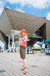  1girl amanone_shun asian bandaid belt bottle bracelet building cargo_shorts clenched_hand cosplay feet female fist full_body highres jewelry nami nami_(cosplay) nami_(one_piece) nami_(one_piece)_(cosplay) one_piece orange_hair outdoors pepsi photo sandals standing table tank_top tattoo umbrella vendors wedge_heels wedges 
