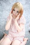  blonde_hair child cosplay dress glasses highres ichigo_mashimaro mamiya_tamaki photo sakuragi_matsuri strawberry_pattern 