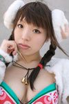  1girl aigle asian bell bra braid cosplay highres horns lingerie looking_at_viewer photo ram_horns rayu rumble_roses sheep_horns solo twin_braids underwear 