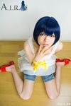  air babydoll blue_hair cosplay denim denim_shorts from_above green_eyes highres kirishima_kano namada photo short_hair shorts sitting wariza 