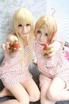  amamiya_laiko ana_coppola blonde_hair child cosplay dress food fruit glasses highres ichigo_mashimaro mamiya_tamaki photo sakuragi_matsuri strawberry strawberry_pattern 