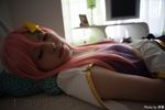  bed cosplay gloves gundam gundam_seed gundam_seed_destiny katou_mari meer_campbell photo pink_hair sleeping 