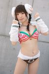  1girl aigle asian bell bra braid cosplay highres horns lingerie looking_at_viewer photo ram_horns rayu rumble_roses sheep_horns solo twin_braids underwear 