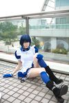  blue_hair boots cosplay cuffs eyepatch gloves handcuffs highres ikkitousen kneehighs maid maid_apron maid_uniform namada photo ryomou_shimei 