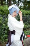  ayanami_rei blue_hair cosplay fox_mask highres iori japanese_clothes kimono mask neon_genesis_evangelion photo yukata 