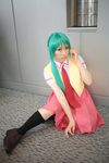  chippi cosplay green_hair highres higurashi_no_naku_koro_ni knee_socks kneehighs photo school_uniform serafuku sonozaki_mion vest 