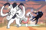 ambiguous_gender animal_genitalia attack black_body black_fur claws creatures_of_sonaria curved_penis duo elephantid embristiss_cos feral flying fur genitals male mammal mammoth meme pacedegon penis penis_smack prehistoric_species proboscidean proboscis_(anatomy) reeox size_difference slap tail teeth trunk_(anatomy) white_body white_fur