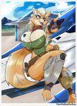 absurd_res aircraft anthro arwing big_breasts big_butt black_lipstick border bouncing_breasts breast_grab breasts butt canid canine clothed clothing crossgender danmateostudios female fox fox_mccloud fur green_eyes hand_on_breast hi_res huge_breasts japanese_text lipstick makeup mammal motion_lines mtf_crossgender nintendo orange_body orange_fur scarf signature solo star_fox tail text vehicle white_border