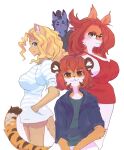 2025 anthro big_breasts blonde_hair blue_body blue_eyes breasts canid canine canis cheese_quesadilla clothing corablue corablue_(character) felid female group hair hand_in_pocket hi_res jackal konosuke_(mrgolla) leksi male mammal pantherine pattern_clothing pattern_shirt pattern_topwear pockets red_hair rodent sciurid shirt simple_background smile striped_clothing striped_shirt striped_topwear stripes tail tiger topwear tree_squirrel vest white_background