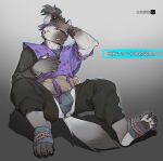 2026 accessory animal_skin anthro arknights asian_clothing bottomwear bulge claws clothing defeated detailed_bulge east_asian_clothing feet fundoshi grey_body hair headband hi_res hyena hypergryph japanese_clothing looking_away male mammal markings oymshzhji0720xz soles solo spot_(arknights) spots spotted_body spotted_hyena studio_montagne tail text underwear
