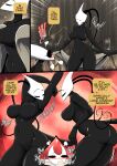 2026 2_horns 3_panel_comic absurd_res antennae_(anatomy) anthro arthropod big_breasts big_butt biped black_body black_eyes black_text blush breasts butt comic dialogue ellipsis empty_eyes english_text exclamation_point eyebrows eyelashes featureless_breasts featureless_crotch female fingers glistening glistening_body hi_res hollow_knight:_silksong hollow_knight_(franchise) horn hornet_(hollow_knight) looking_at_another monotone_body navel no_pupils shakra_(hollow_knight:_silksong) speech_bubble standing talking_to_another team_cherry text vale-city white_head white_text