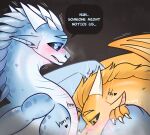 ambiguous_gender ambiguous_penetrated black_sclera blue_body blue_eyes blush bodily_fluids breath brown_eyes claws dialogue dragon duo english_text facial_scar fellatio feral feral_on_feral feral_penetrated feral_penetrating feral_penetrating_feral finger_claws head_in_crotch head_spikes hi_res horn icewing_(wof) long_neck looking_at_another male male/ambiguous male_(lore) male_penetrating male_penetrating_ambiguous membrane_(anatomy) membranous_wings mythological_creature mythological_scalie mythology neris_(artist) obscured_oral oral oral_penetration penetration penile qibli_(wof) sandwing_(wof) scalie scar sex shaded snout speech_bubble spikes spikes_(anatomy) sweat sweatdrop text wings wings_of_fire winter_(wof) yellow_body