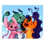 2025 4_fingers 6_arms absurd_res alien ambiguous_gender angel_(lilo_and_stitch) antennae_(anatomy) antennae_markings anthro blue_background border card carrying_another chest_tuft claws closed_smile digital_drawing_(artwork) digital_media_(artwork) disney ear_markings english_description english_text experiment_(lilo_and_stitch) eyelashes eyes_closed eyestalks facial_markings father's_day female feral finger_claws fingers forehead_gem forehead_markings fur gem green_body greeting_card grey_body group hammerface happy head_markings heat_(lilo_and_stitch) hi_res holding_card holidays hug lilo_and_stitch long_antennae male_(lore) markings mouth_closed multi_arm multi_limb on_head one_eye_closed open_mouth open_smile orange_body orange_fur pink_body pink_fur plasmoid_(lilo_and_stitch) purple_body purple_markings purple_mouth purple_nose purple_tongue red_eyes ryuko_rose simple_background smile star_symbol text thresher_(lilo_and_stitch) tongue tuft white_border