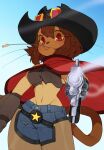 2026 aiming_at_viewer aiming_weapon ammunition anthro bangs black_clothing black_hat black_headwear bottomwear brown_hair brown_tail chaps chewing_grass clothing cowboy_hat cowboy_outfit cowgirl_outfit crop_top digital_media_(artwork) domestic_cat eyebrow_through_hair eyebrows felid feline felis female fur gameoverse glitch_productions gloves gradient_background gun gun_arm hair handgun handwear hat headgear headwear kit_bodega magenta_eyes mammal midriff object_in_mouth outside pants pointing_gun pointing_gun_at_viewer poncho portrait punipaws ranged_weapon red_eyes revolver shaded shirt simple_background single_glove sky smoking_gun solo star_symbol tail tan_body tan_fur three-quarter_portrait topwear translucent translucent_hair weapon weapon_arm wheat whiskers