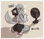anthro beanie bodily_fluids border bottomwear breasts canid canine canis clothed clothing clothing_lift dolphin_shorts electric_fan eyes_closed female fur grey_body grey_fur grey_hair hair hat headgear headwear hi_res loco_(zoul_illustration) mammal open_mouth shirt shirt_lift shorts side_boob sitting solo sweat tail topwear white_border wolf zoul_illustration