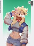 absurd_res anthro barcode blonde_hair blue_eyes border bottomwear brown_body brown_fur canid canine canis claws clothing collar crop_top cropped_jacket denim denim_bottomwear denim_clothing denim_shorts digital_drawing_(artwork) digital_media_(artwork) domestic_dog fangs female fur gradient_background green_background grey_clothing grey_crop_top grey_shirt grey_topwear hair hi_res humanoid_hands jacket letterman_jacket long_hair looking_at_viewer mammal navel neuvigod pawpads pink_inner_ear pink_pawpads red_collar sharp_teeth shirt shorts simple_background smile smiling_at_viewer solo spiked_collar spikes teeth topwear wearing_collar white_border