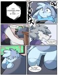 absurd_res american_opossum animate_inanimate anthro bazz_(spicykiwi) blue_body blue_eyes blue_fur bottomwear clothing comic dialogue duo edgar_(spicykiwi) electronics english_text eyewear freckled_face freckles fur furniture gaming glasses grey_body grey_fur grey_hair hair hi_res living_plushie looking_down male mammal marsupial multicolored_body multicolored_fur nervous pain plushie shirt shorts sitting sofa spicykiwi story talking_to_another television text topwear wounded yelling