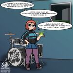 1:1 absurd_res bangs black_eyes cartoon_freckles clothing drum energy english_text eyelashes female footwear freckled_face freckles frooby hair hi_res human jacket kim_pine legwear long_eyelashes mammal memory_erasure memory_modification musical_instrument oblivious percussion_instrument radiation reality_shift red_hair scott_pilgrim_(series) shoes signature smile solo stockings text topwear transformation transformation_sequence unaware_transformation url