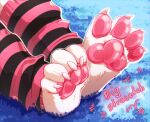 2026 4_toes ambiguous_gender ambiguous_species anthro claws clothing colored digital_drawing_(artwork) digital_media_(artwork) english_text feet foot_focus foot_shot fur glistening glistening_pawpads hi_res legwear pattern_clothing pattern_legwear pawpads paws pink_pawpads shaded solo striped_clothing striped_legwear stripes text toe_claws toes vallshad white_body white_claws white_fur