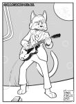 2025 absurd_res accessory anthro barefoot biped bottomwear canisfidelis cheek_tuft clothed clothing domestic_cat electric_guitar eyebrows facial_tuft feet felid feline felis front_view guitar hi_res holding_guitar holding_musical_instrument holding_object jacket looking_at_object male mammal medium_hair monochrome musical_instrument necktie pants plantigrade playing_guitar playing_music plucked_string_instrument solo string_instrument suit t.c._clevinger the_wild_guesses topwear tuft