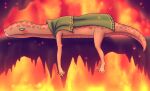 2024 5_fingers 5_toes absurd_res ambiguous_gender anthro arms_down bearyboo biped blush cape cape_only capelet cave cel_shading clothing colored contiguous_snout dangling digital_drawing_(artwork) digital_media_(artwork) duo elden_ring feet female_(lore) fingers fire fire_background fromsoftware full-length_portrait green_cape green_capelet green_clothing green_eyes hi_res inside legged_snake line_art long_neck lying manserpent mostly_nude nude on_front on_ground orange_background orange_body orange_scales plantigrade portrait pupils reptile scales scalie shaded short_tail simple_background slit_pupils smile snake snout sparks tail tapering_tail thick_tail toes ventral_scales zorayas