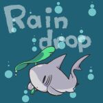 2014 ambiguous_feral ambiguous_gender aquatic blush blush_stickers chibi dorsal_fin duckweed english_text feral fin fish full-length_portrait gills holding_plant mukomizu_kintora pectoral_fin portrait raining same_(mukomizu) shark side_view simple_background solo tail tail_fin teal_background text title toony
