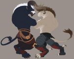 2026 anthro back_muscles belt biceps bottomwear brown_mane charr claws clothed clothing colored countershading dark_body dark_fur digital_drawing_(artwork) digital_media_(artwork) duo fangs felid fur guild_wars hi_res horn light_body light_fur looking_at_another male mammal mane muscular muscular_male nahst_y pink_eyes smile smirk standing tail tail_tuft teal_eyes teeth topless topless_male tuft tusks vorias_(nahst_y) white_mane